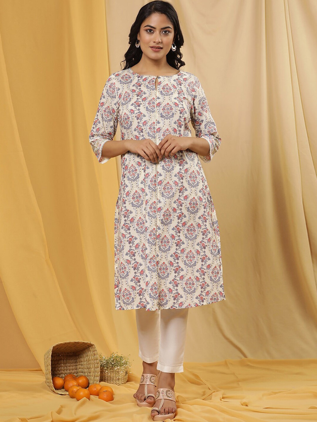 

W Women Floral Printed Regular Pure Cotton Kurta With Trouser, Off white