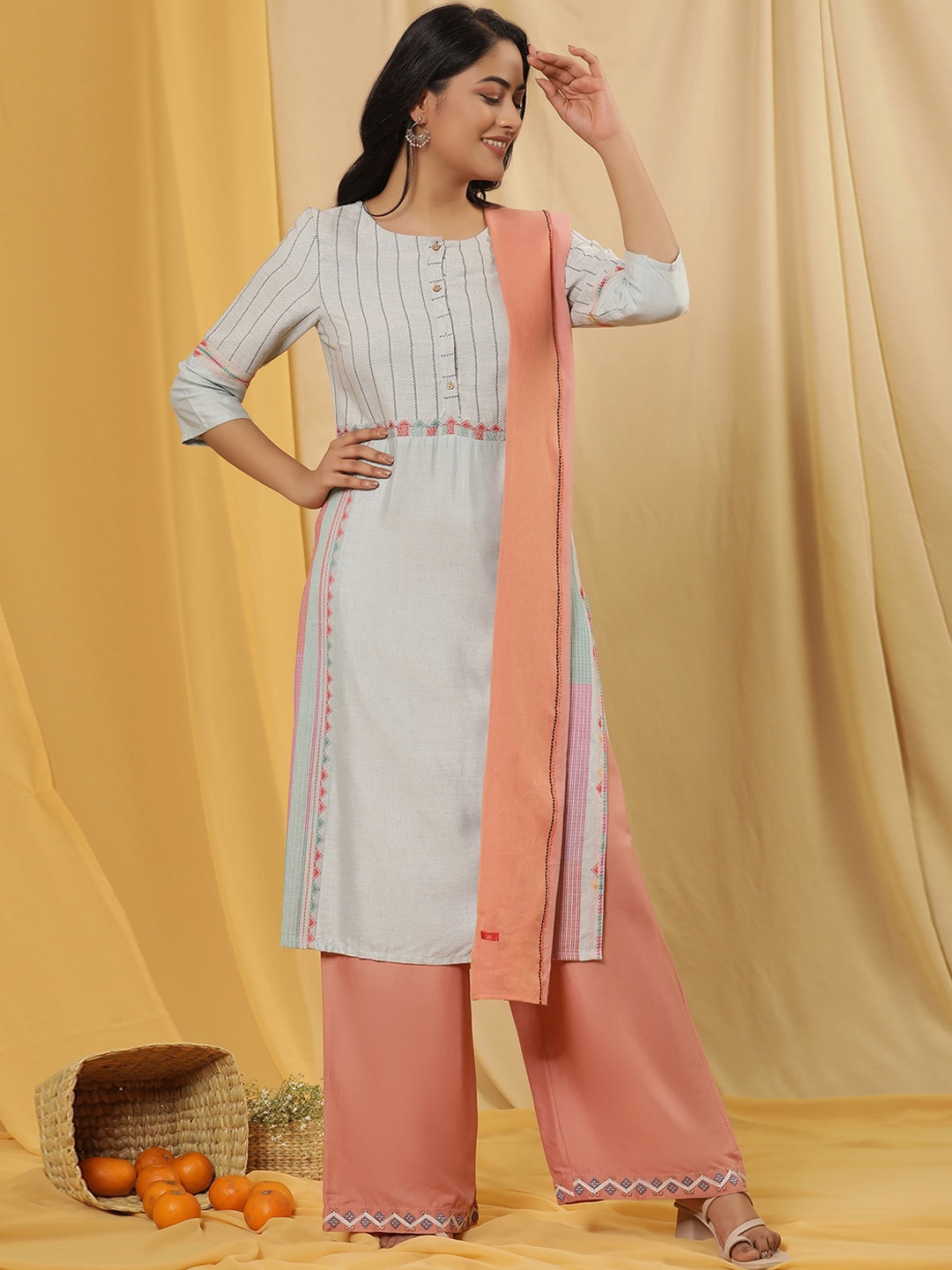 

W Women Striped Woven Design Round Neck Kurta With Palazzos & Dupatta, Blue