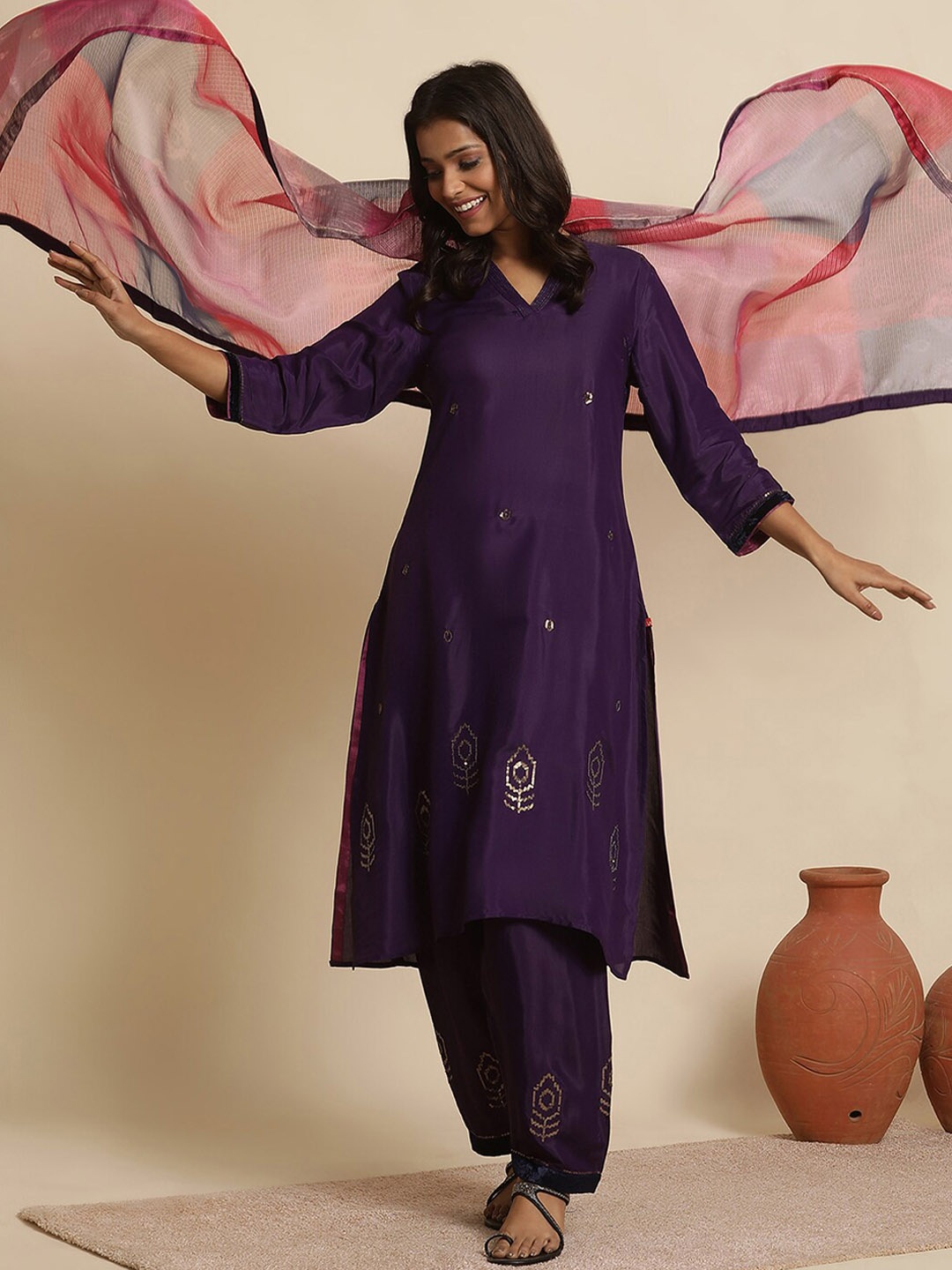 

W Women Ethnic Motifs Embroidered Regular Sequinned Kurta With Salwar & Dupatta, Purple