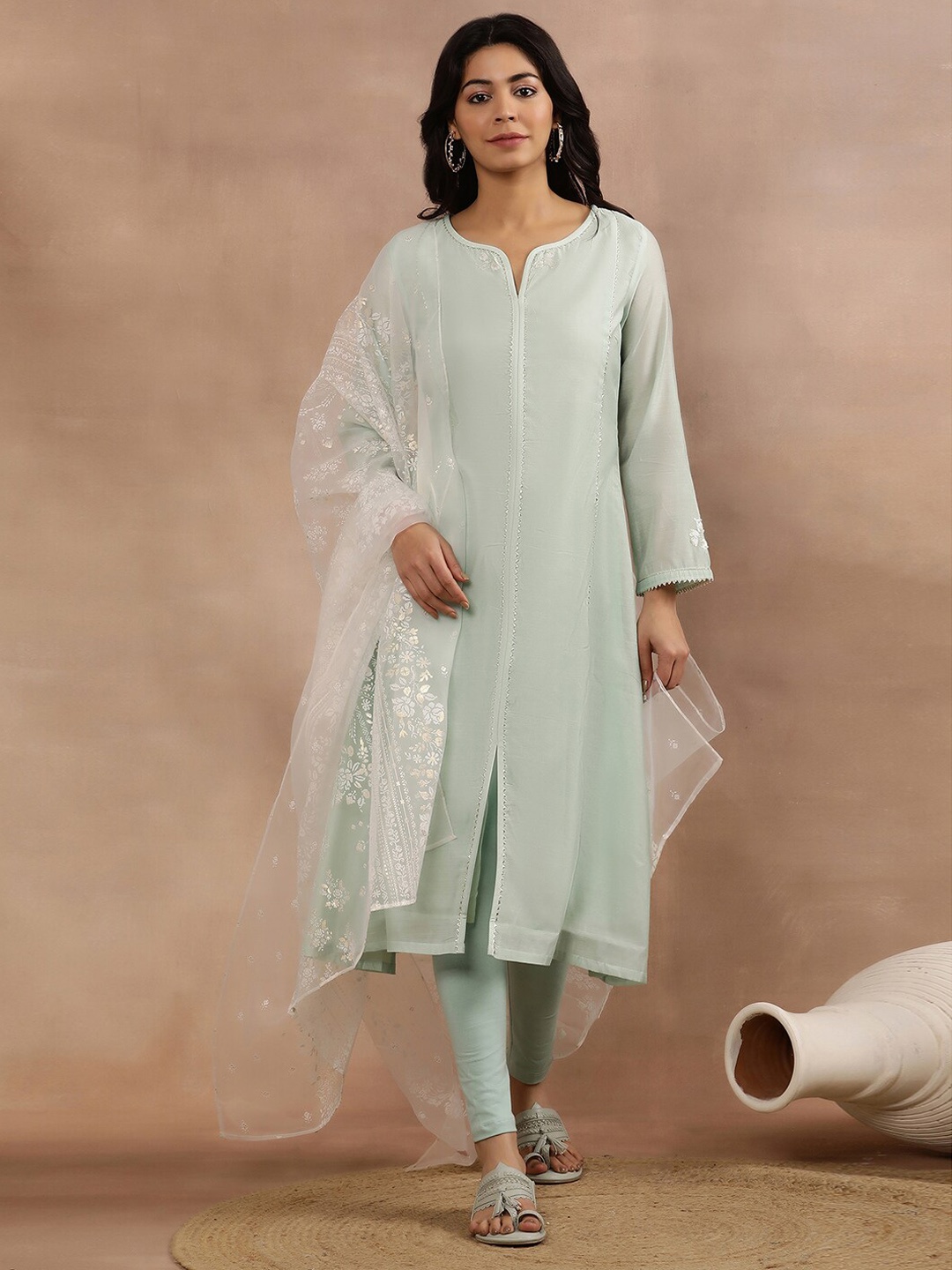 

W Regular Sequinned Kurta With Dupatta, Green
