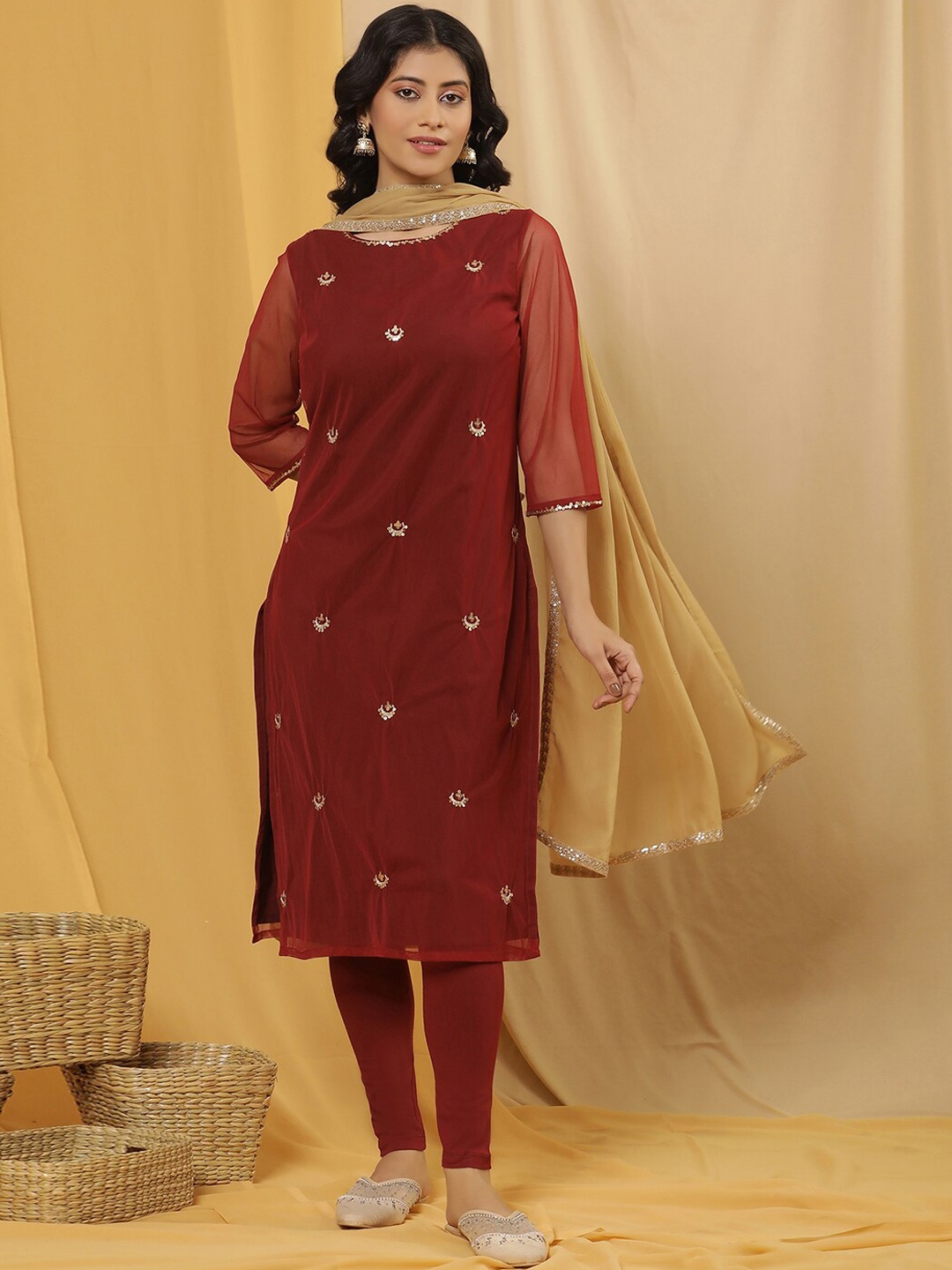 

W Ethnic Motifs Embroidered Regular Sequinned Kurta With Tight & Dupatta, Red