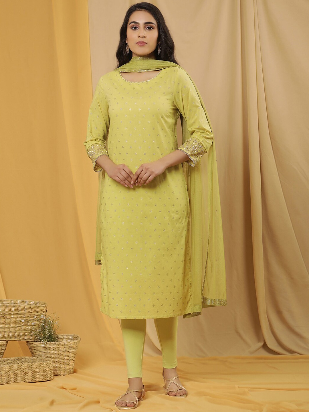 

W Ethnic Motifs Embroidered Regular Pure Cotton Kurta With Tight & Dupatta, Yellow