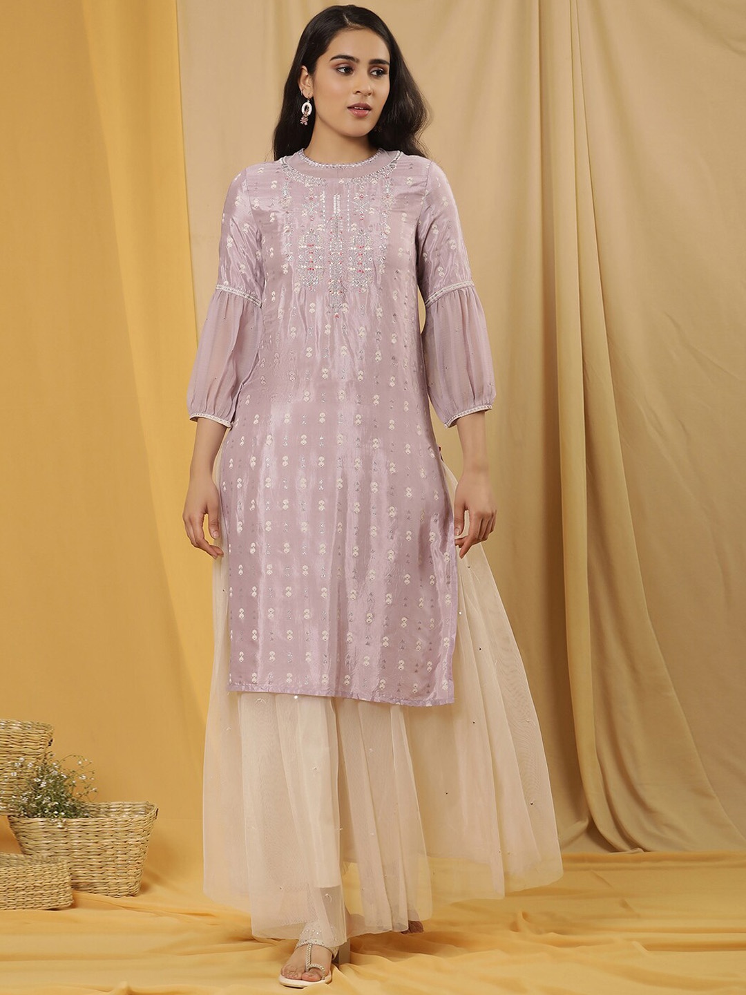 

W Ethnic Motifs Embroidered Regular Thread Work Kurta with Skirt, Purple