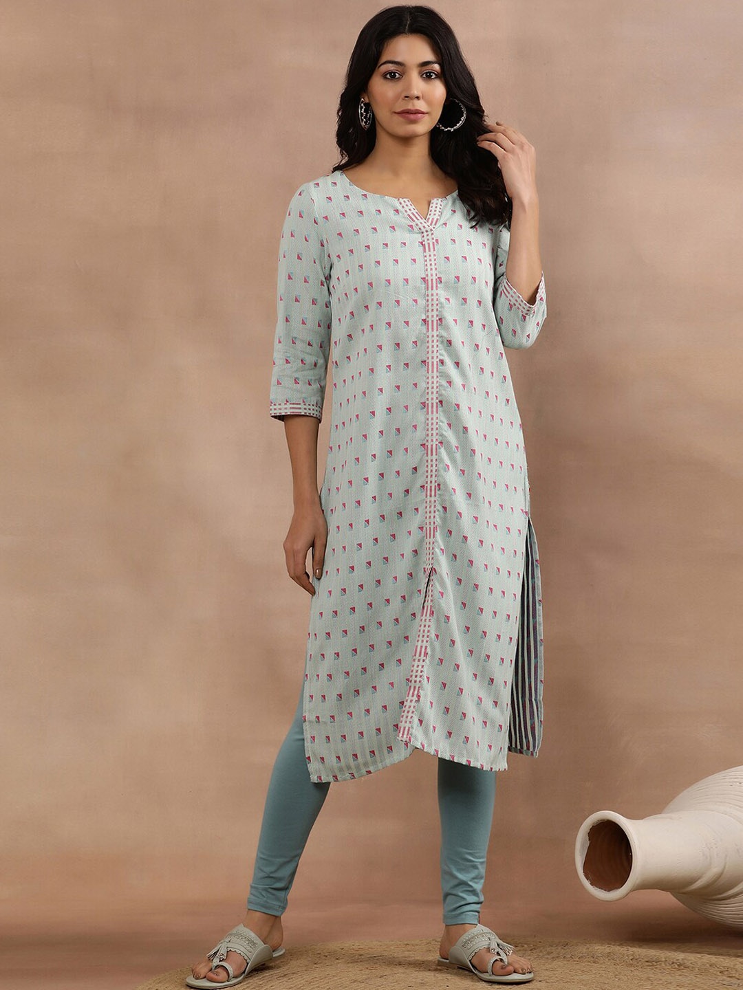 

W Geometric Print Round Neck Cotton Kurta With Tight, Blue