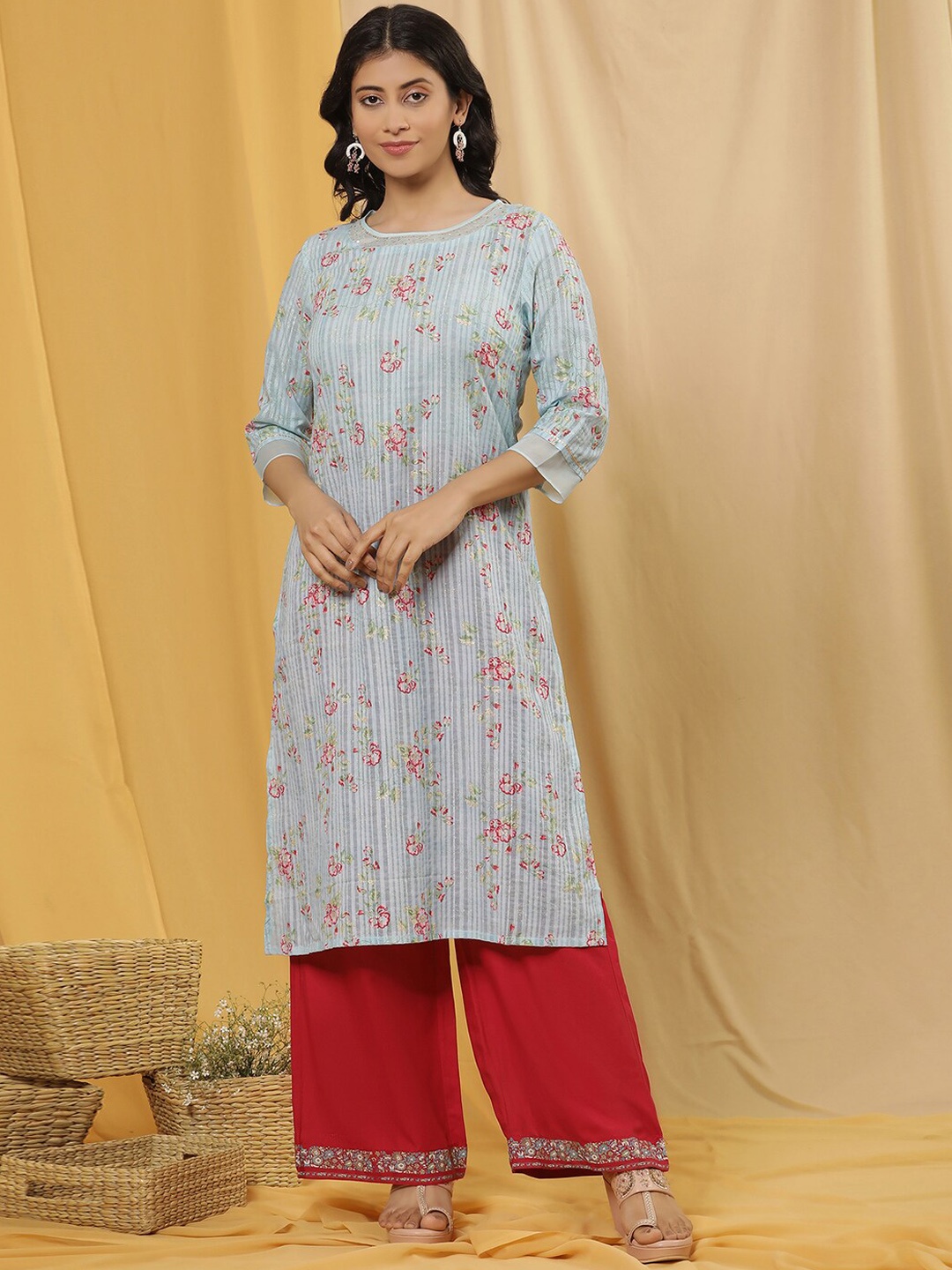 

W Floral Printed Regular Sequinned Pure Cotton Kurta with Trouser, Blue