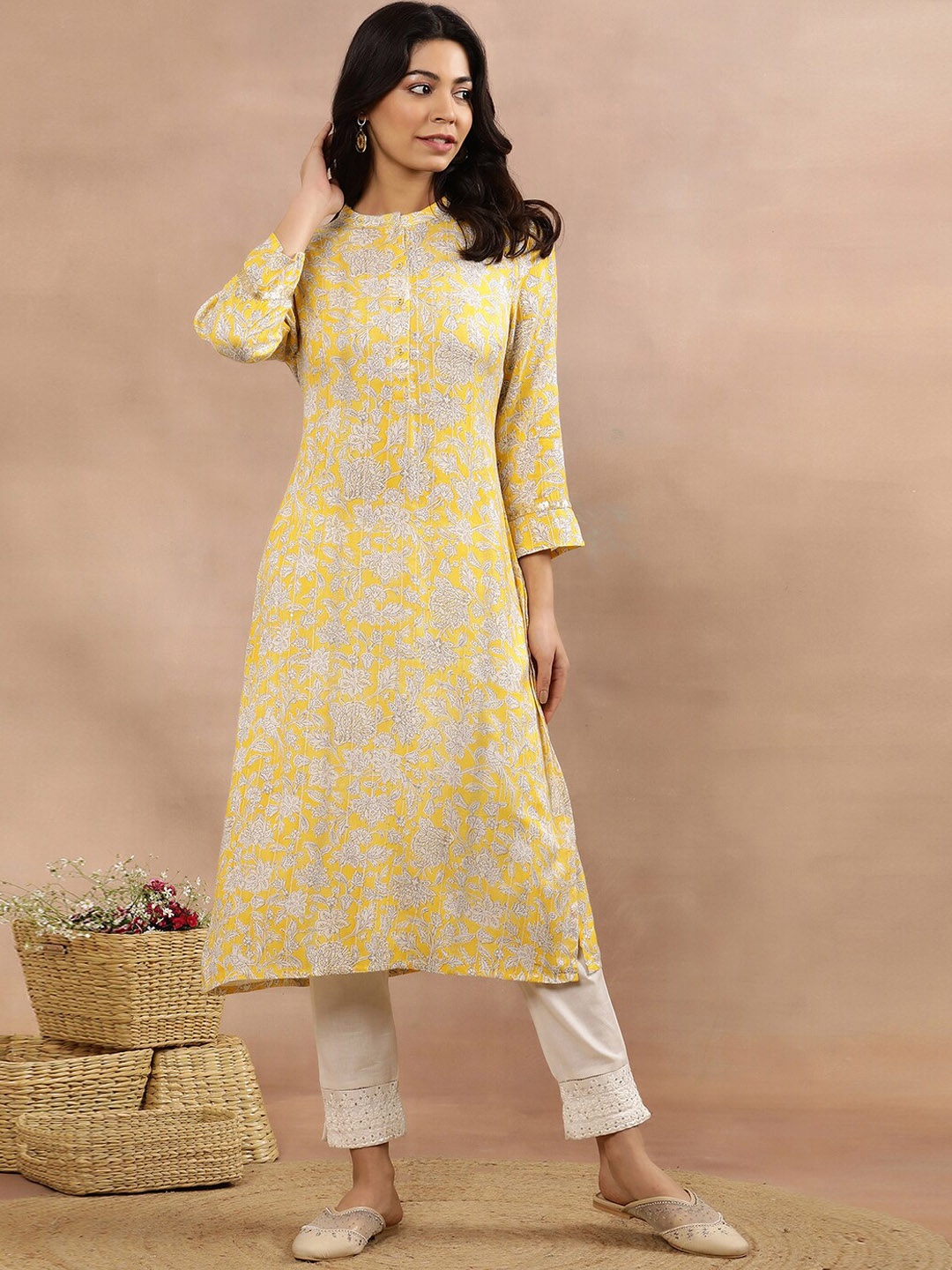 

W Floral Printed Regular Mandarin Collar Kurta with Trouser, Yellow