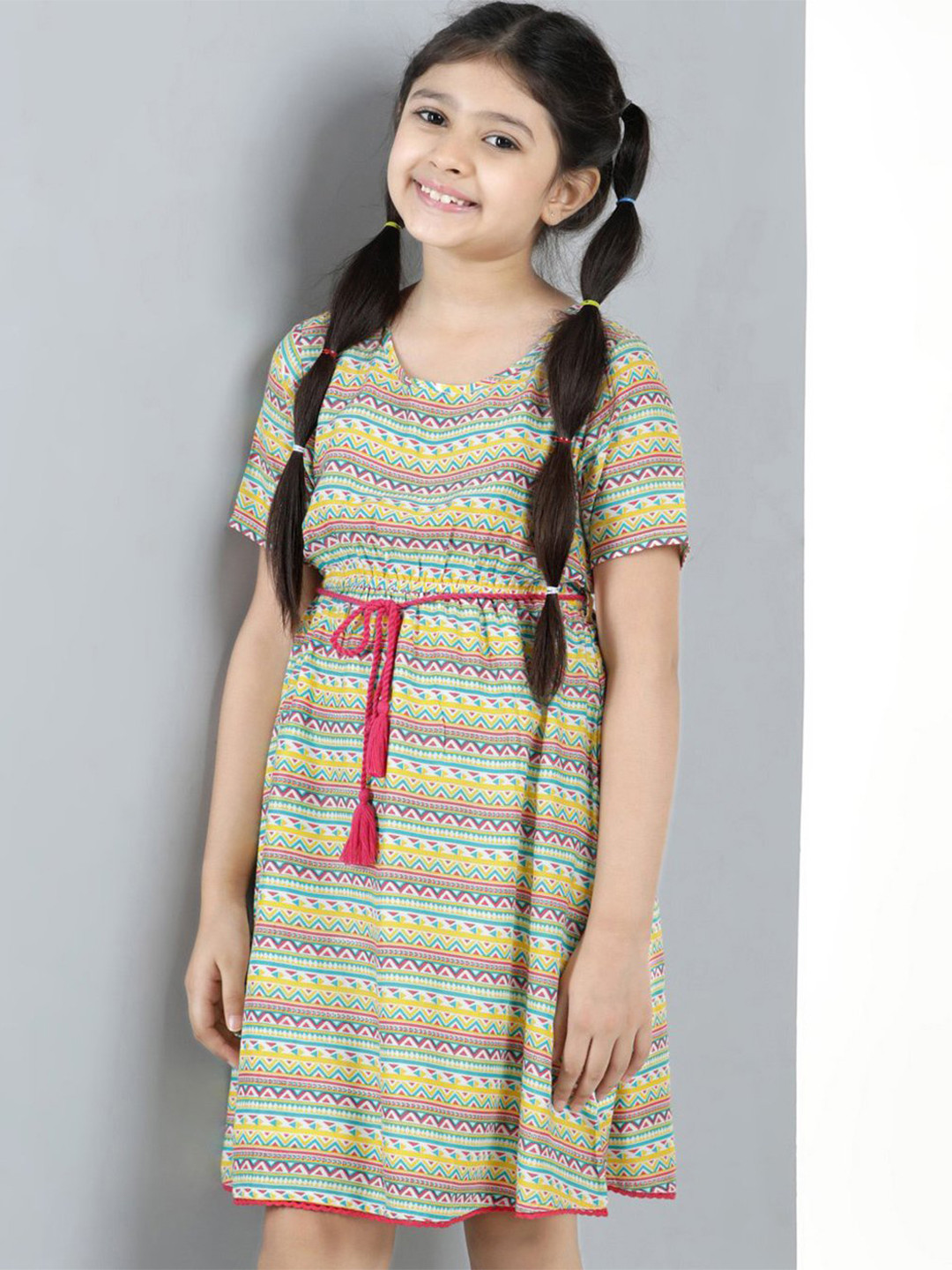 

Hola Bonita Girls Ethnic Motifs Printed Flared Fit & Flare Dress, Beige