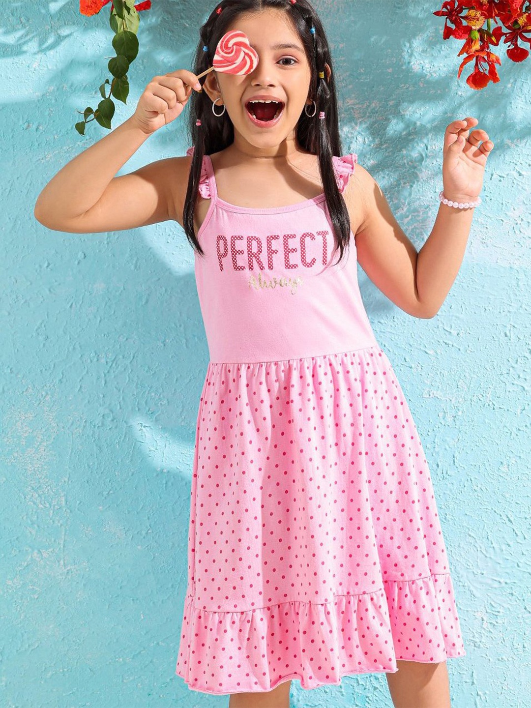 

Hola Bonita Girls Self Design Cotton Flared Ruffled Fit & Flare Dress, Pink
