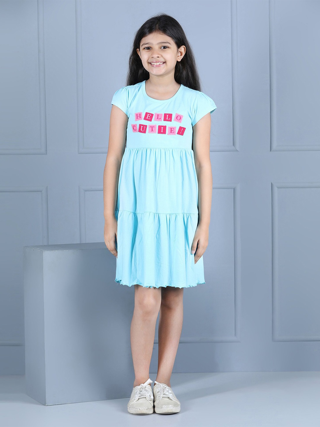 

Hola Bonita Girls Typography Printed Cotton Flared Applique Fit & Flare Dress, Blue