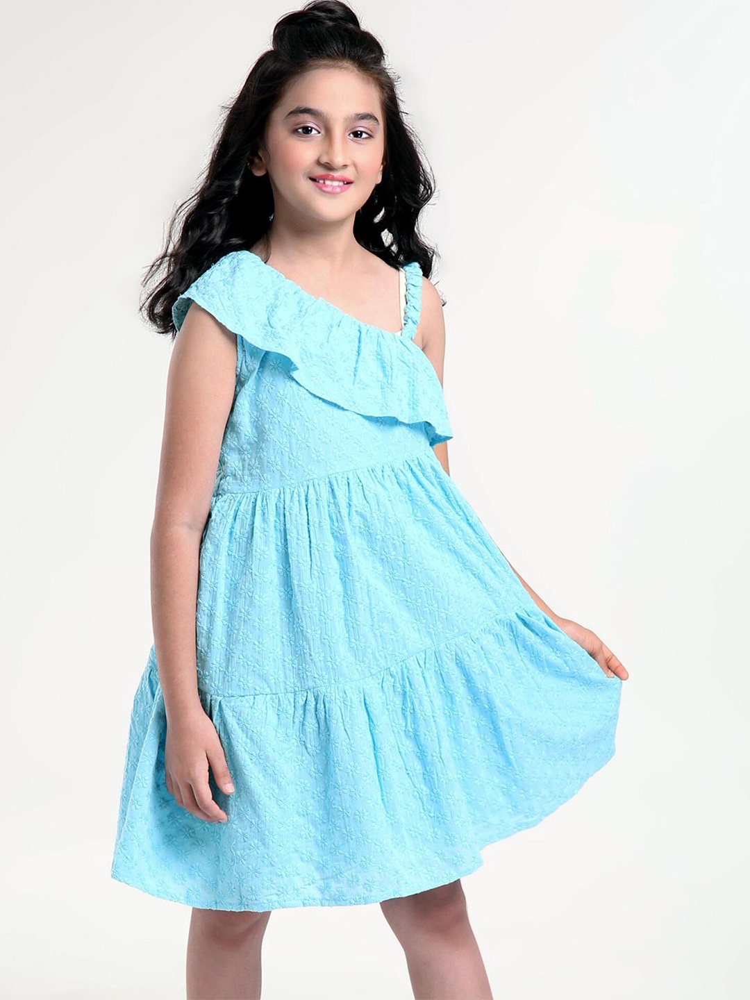 

Hola Bonita Girls One Shoulder Cotton Flared A-Line Dress, Blue