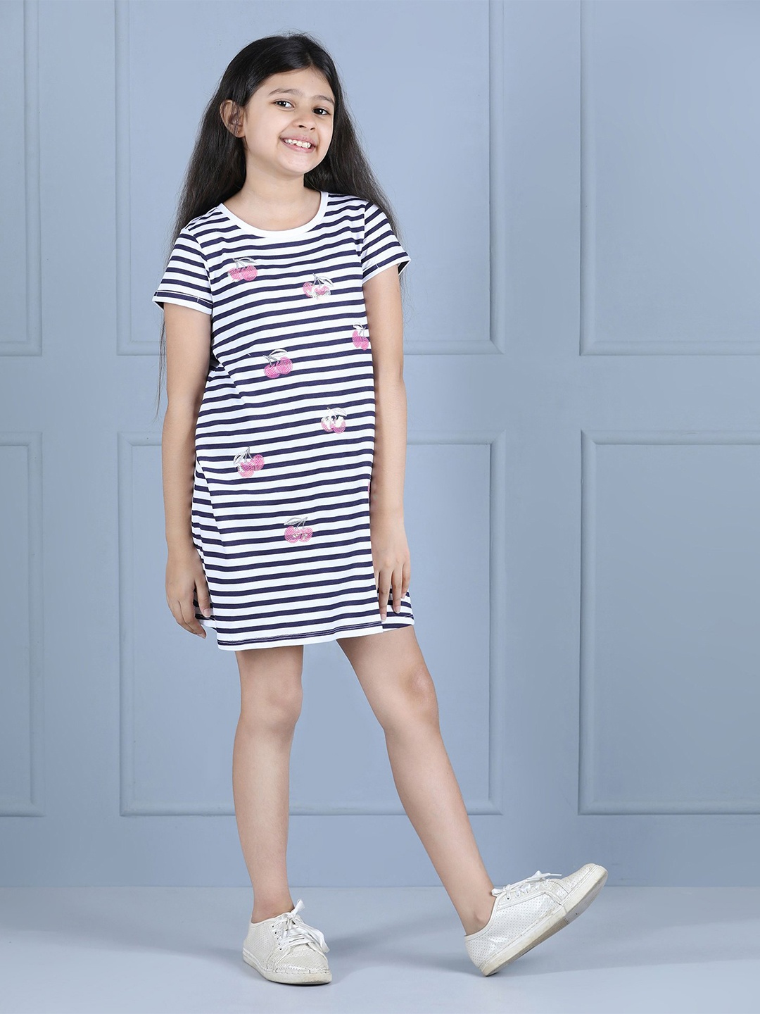 

Hola Bonita Girls Striped Cotton Above Knee Straight A-Line Dress, Navy blue