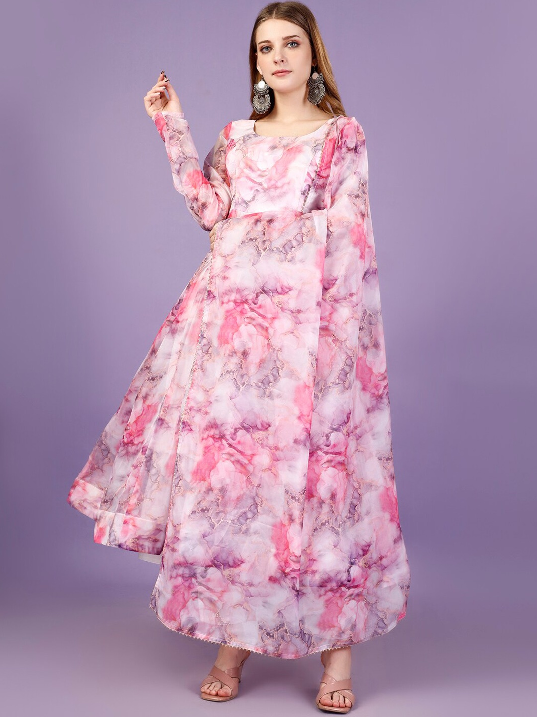 

Yara Creation Floral Printed Pure Silk Kurta & Trousers With Dupatta, Pink