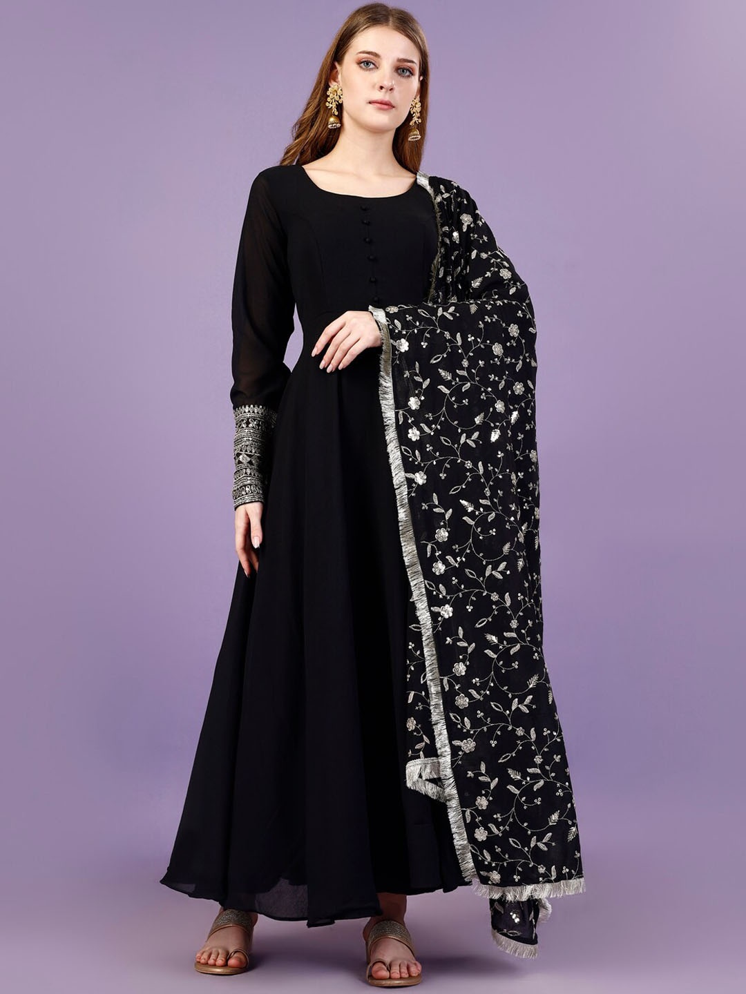 

Yara Creation Sequinned Pure Cotton Kurta & Trousers With Dupatta, Black