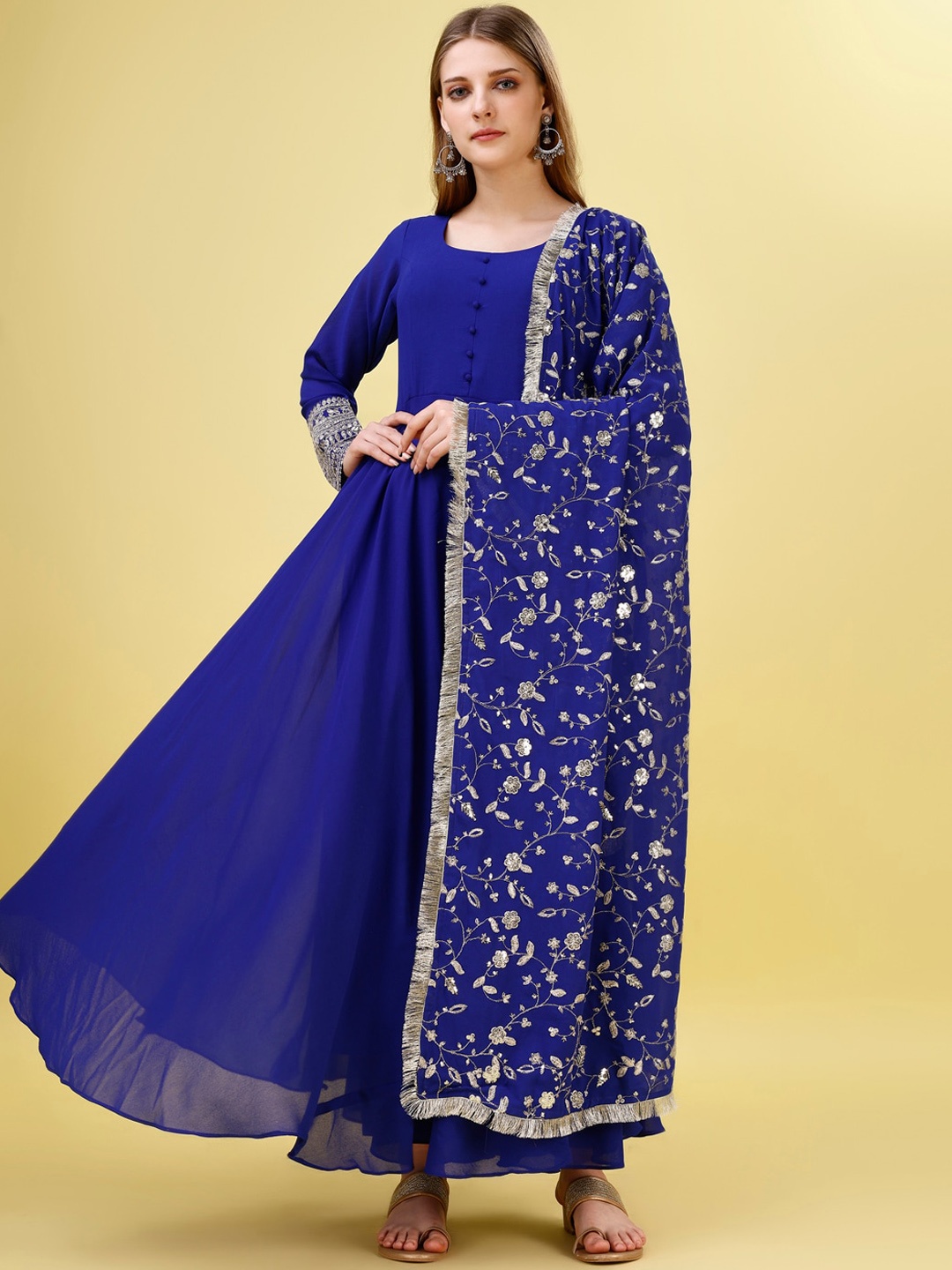 

Yara Creation Regular Sequinned Pure Cotton Anarkali Kurta with Trousers & Dupatta, Blue