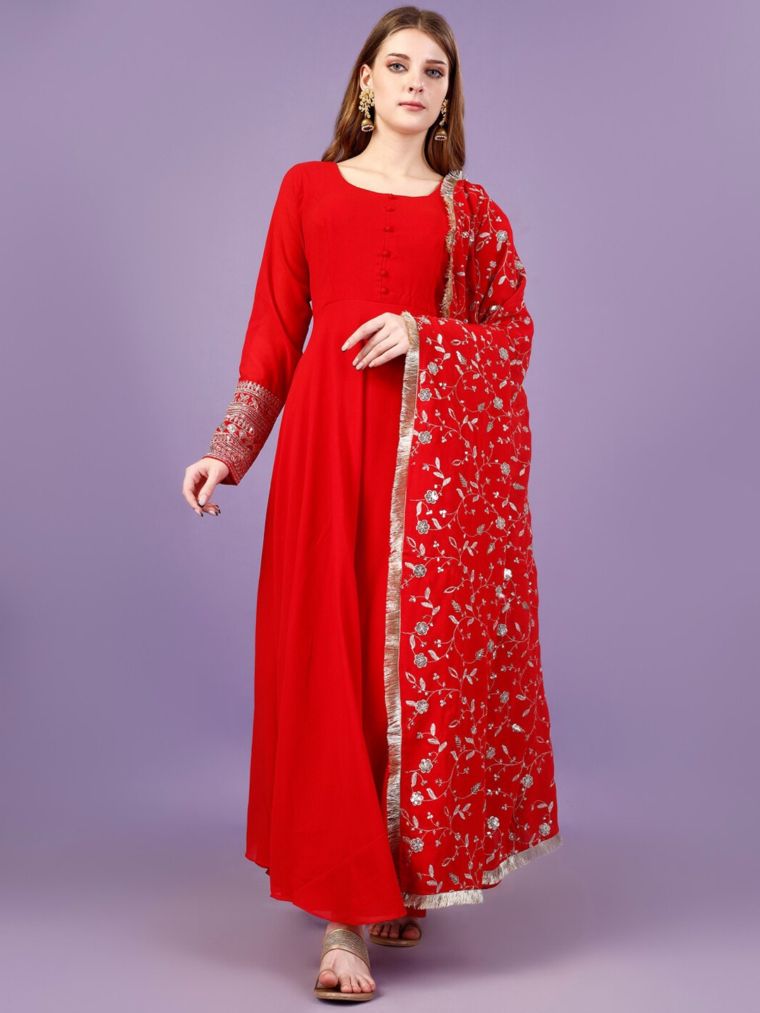 

Yara Creation Regular Sequinned Pure Cotton Kurta with Trousers & Dupatta, Red