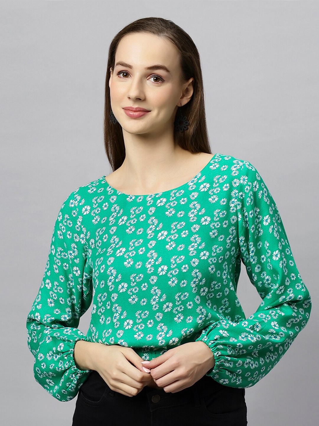 

DressBerry Floral Printed Puff Sleeves Crop Top, Green