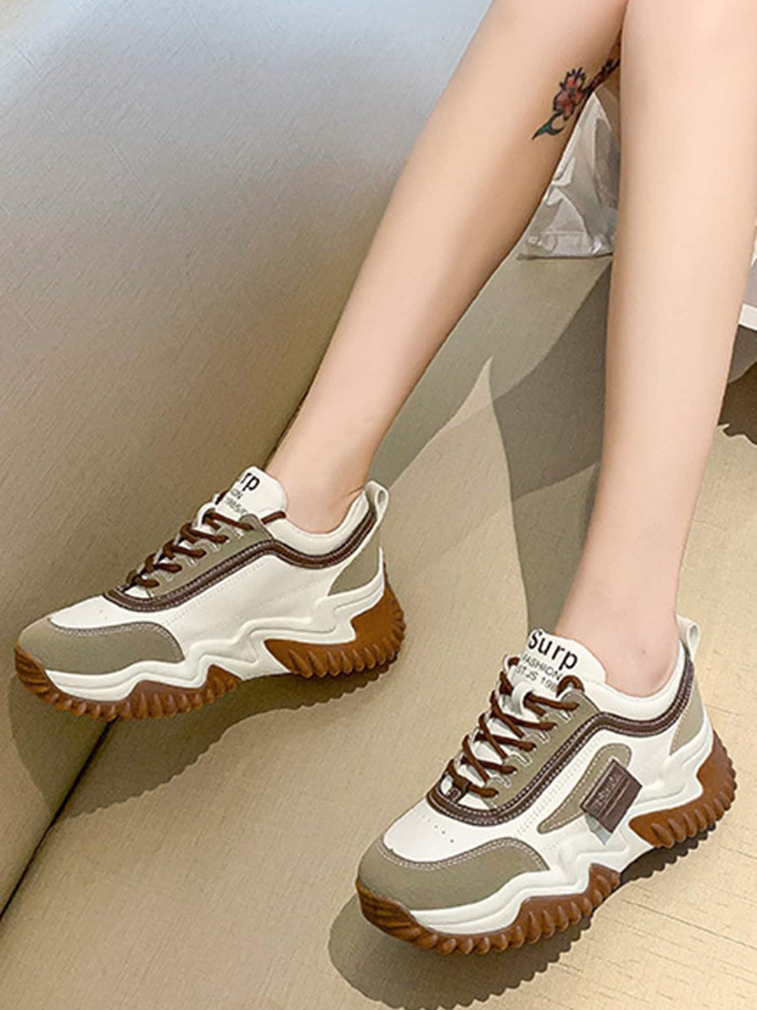 

LULU & SKY Women Colourblocked Lace Up Sneakers, Khaki