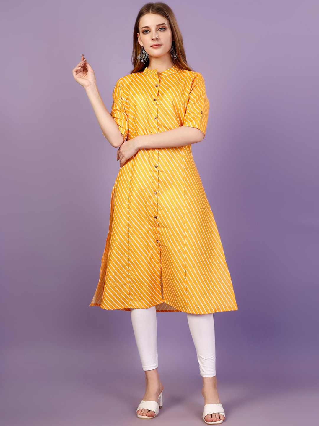 

Yara Creation Striped Mandarin Collar Roll-Up Sleeves Cotton A-Line Kurta, Yellow