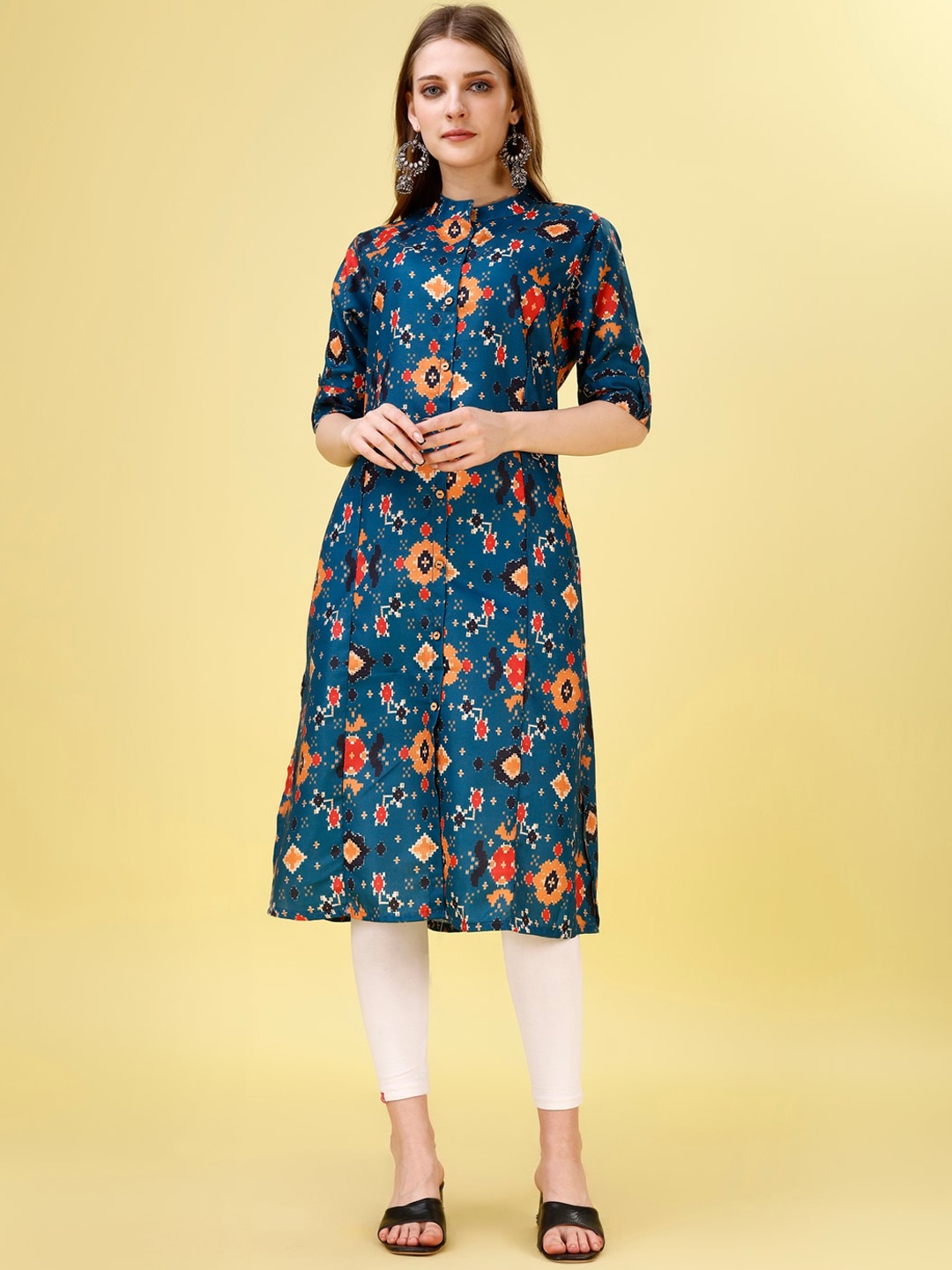 

Yara Creation Ethnic Motifs Printed Mandarin Collar Cotton A-Line Kurta, Blue