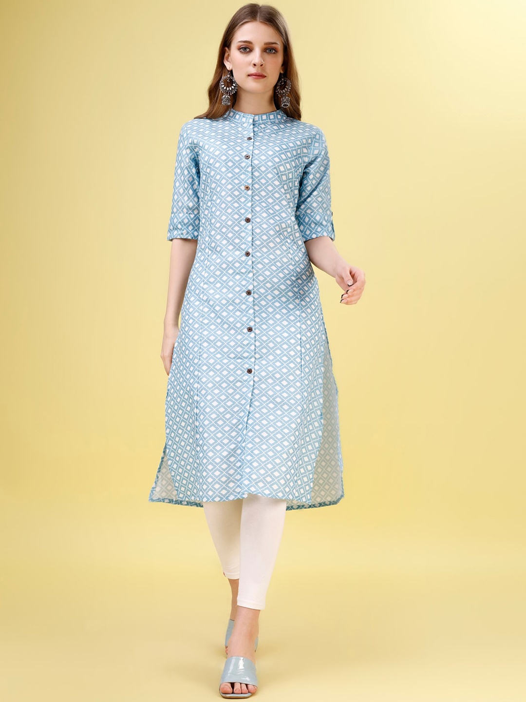 

Yara Creation Geometric Printed Mandarin Collar A-line Kurta, Blue