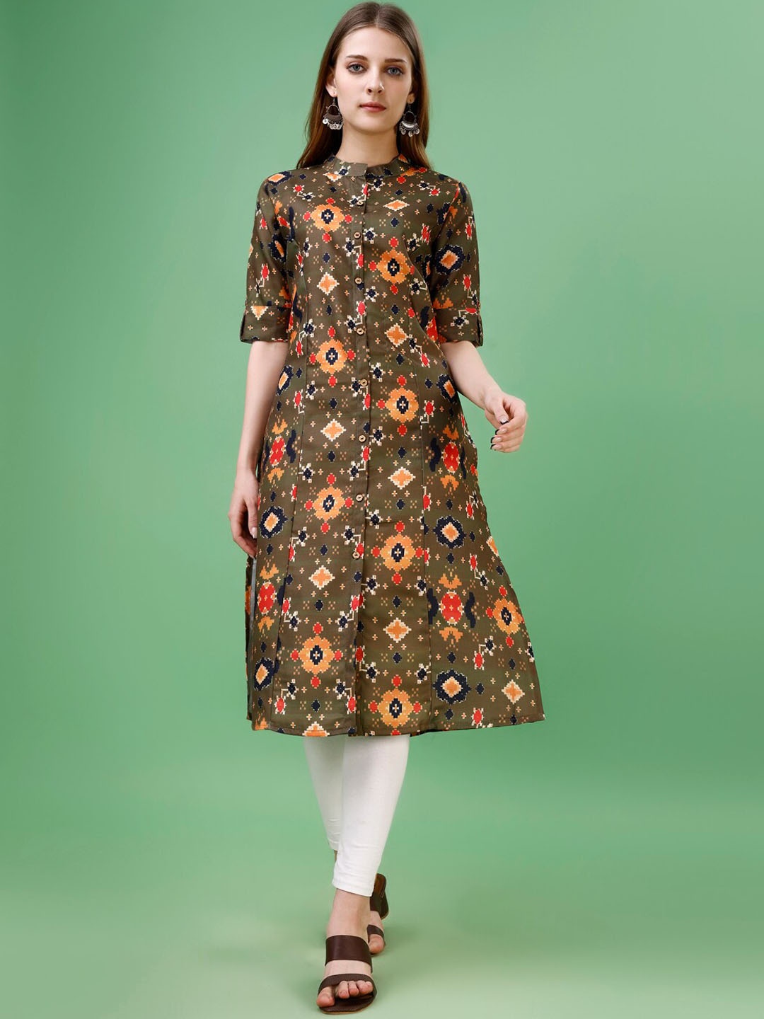 

Yara Creation Geometric Printed Mandarin Collar Straight Kurta, Green