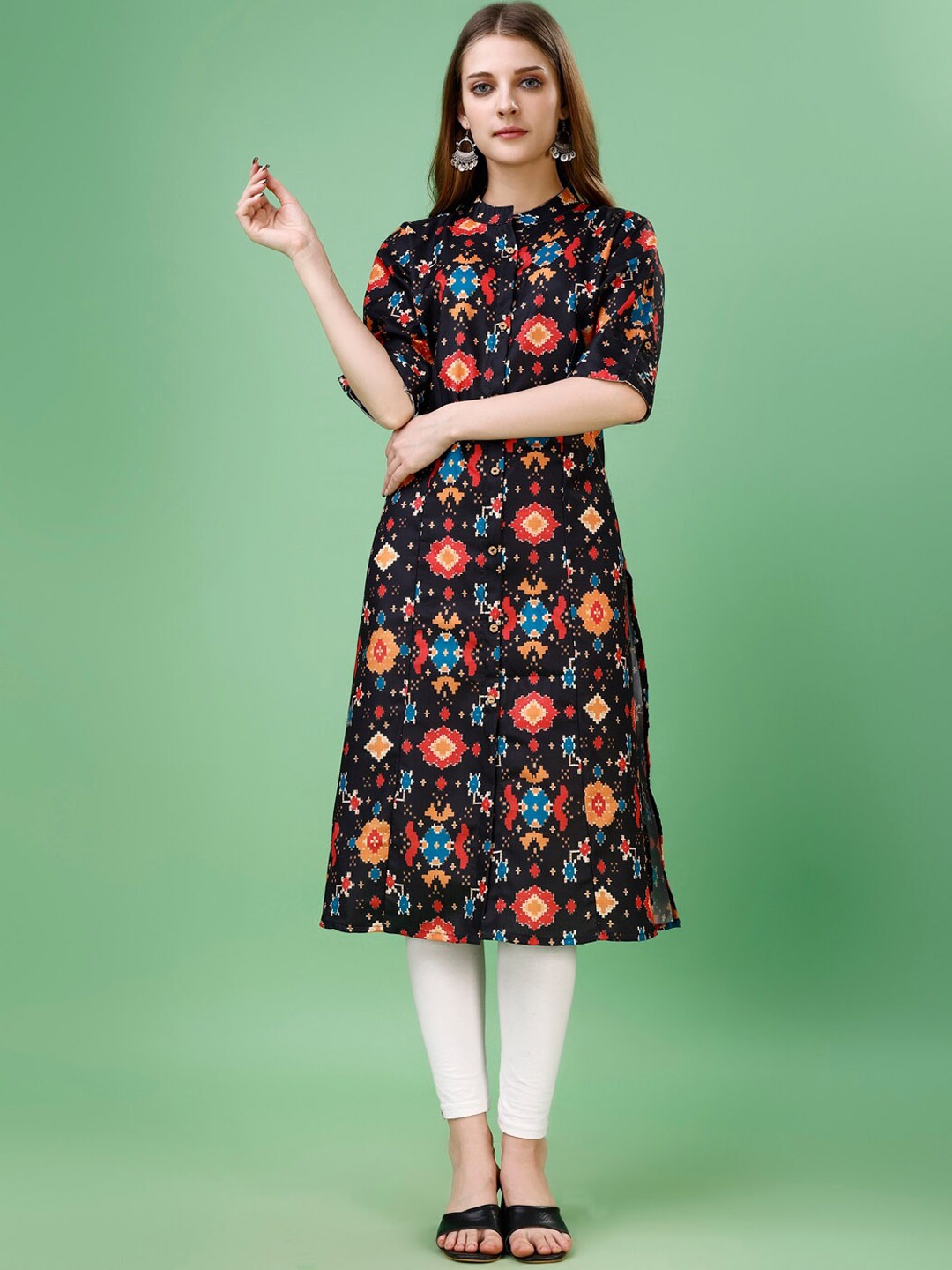 

Yara Creation Geometric Printed Mandarin Collar Straight Kurta, Black
