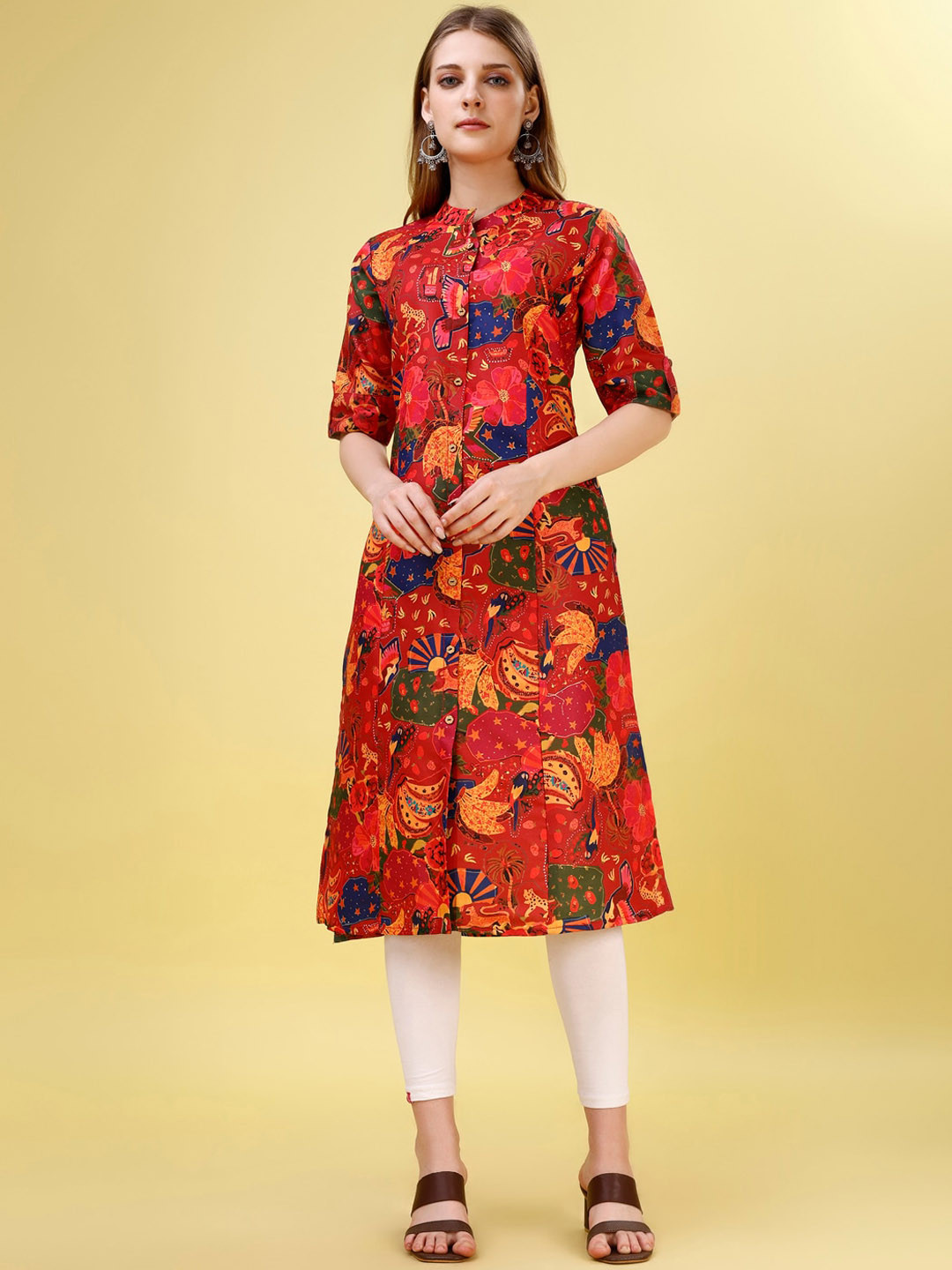 

Yara Creation Floral Printed Flared Sleeves Sequinned Straight Kurta, Red