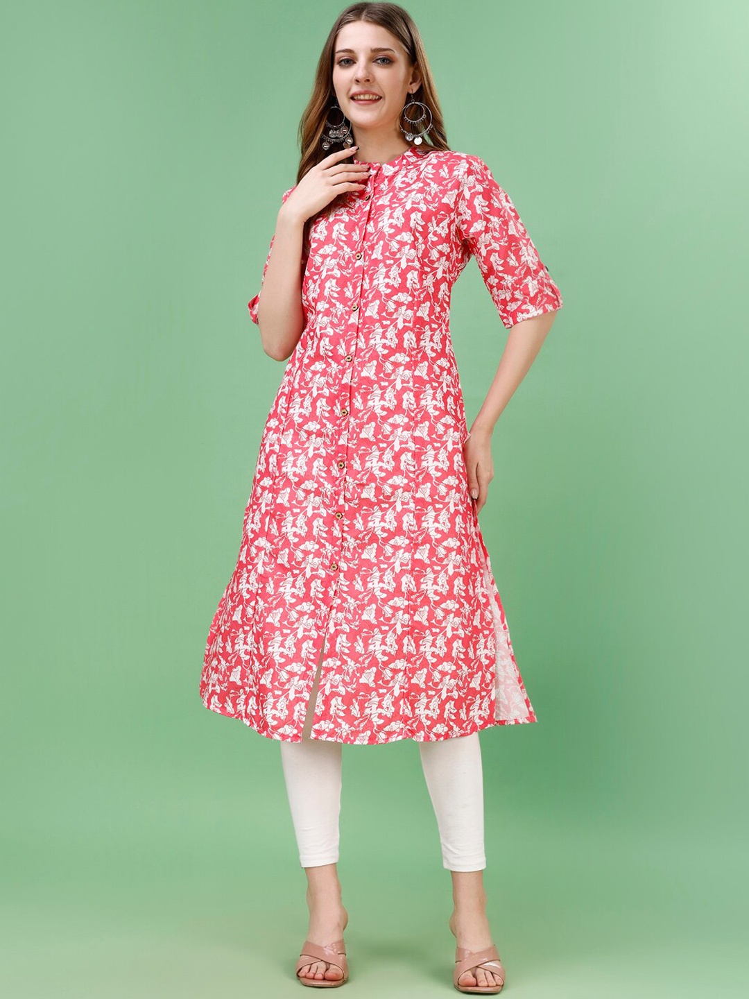 

Yara Creation Geometric Printed Thread Work Cotton Anarkali Kurta, Pink