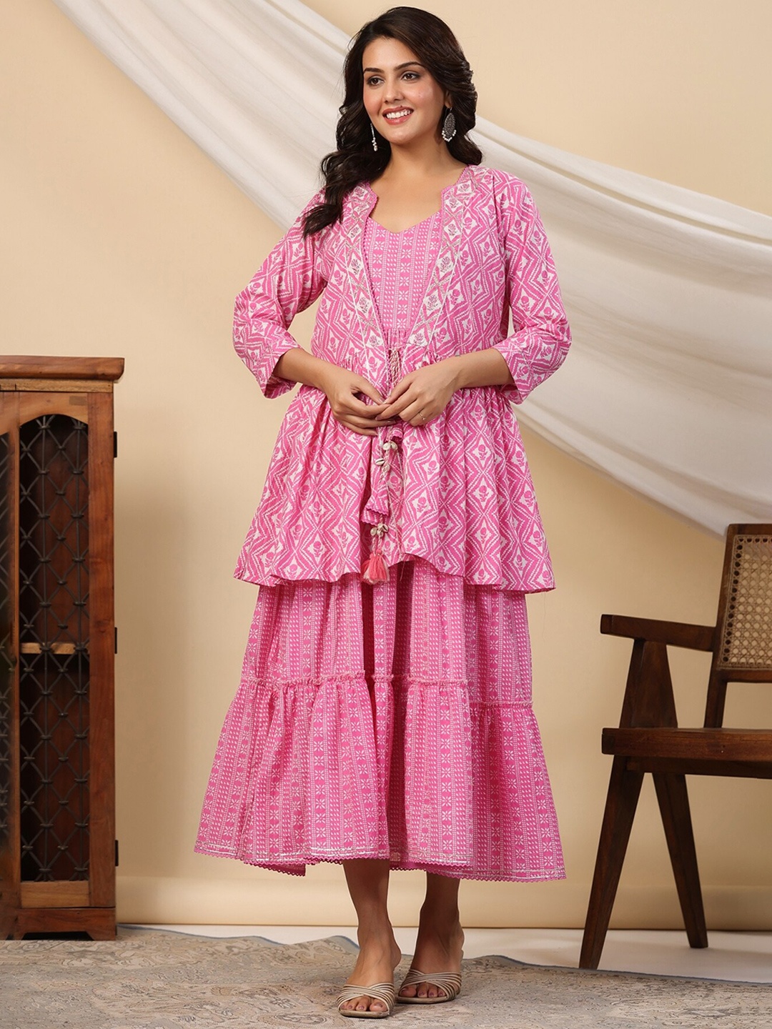 

KALINI Ethnic Motifs Printed Tiered Pure Cotton Fit & Flare Midi Ethnic Dress with Jacket, Pink