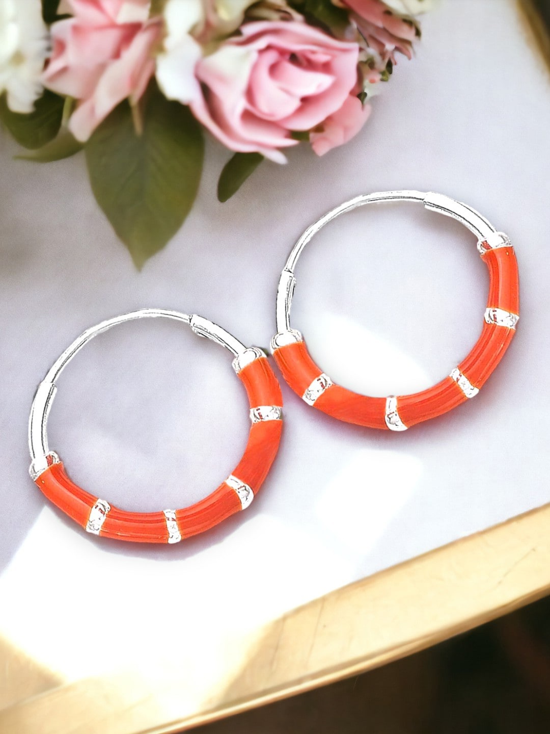 

Taraash 92.5 Sterling Silver Cubic Zirconia Studded Circular Hoop Earrings, Orange
