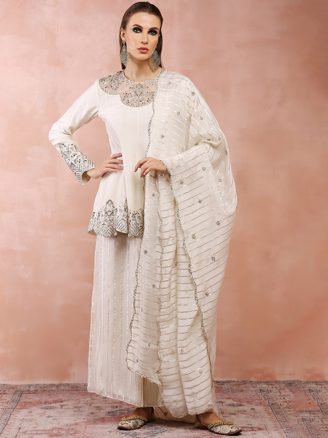 

Payal Singhal Embroidered Panelled Chanderi Silk Kurti with Palazzos & Dupatta, Off white