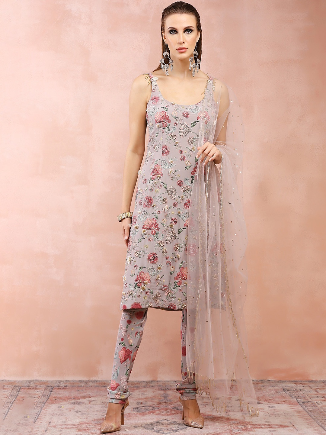 

Payal Singhal Ethnic Motifs Embroidered Thread Work Kurta With Churidar & Dupatta, Grey