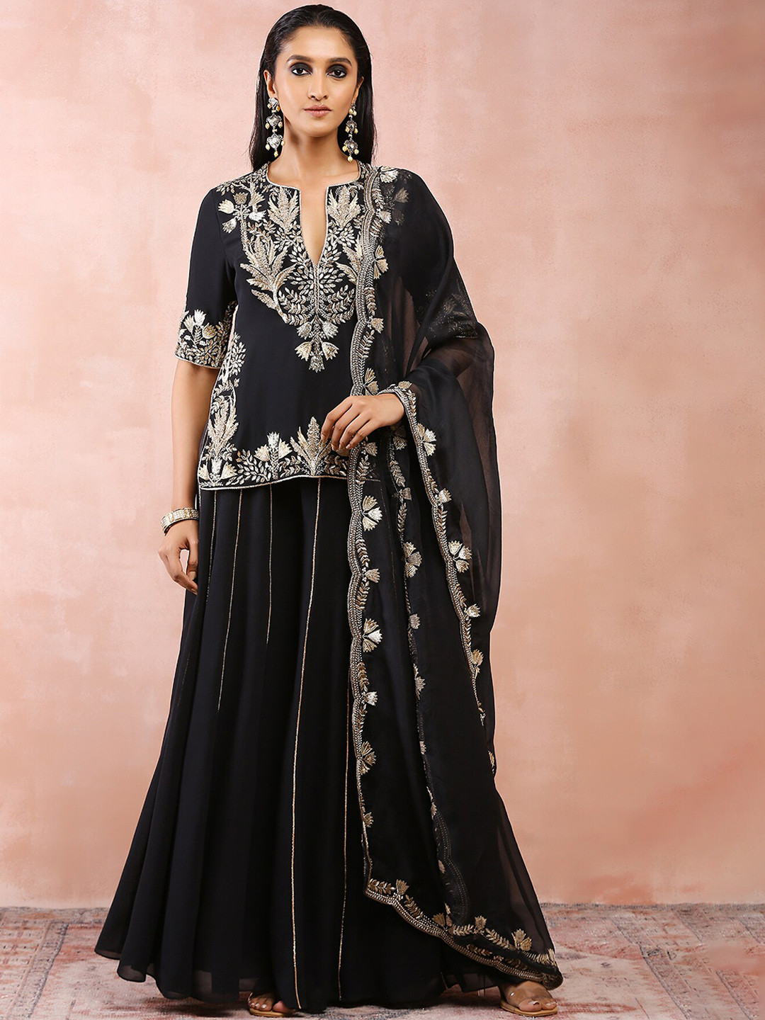 

Payal Singhal Ethnic Motifs Embroidered Regular Gotta Patti Kurti With Sharara & Dupatta, Black