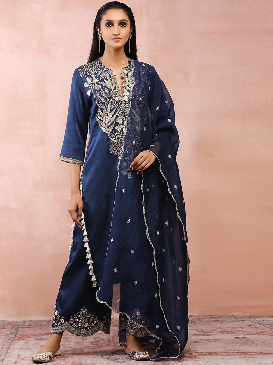 

Payal Singhal Ethnic Motifs Embroidered Gotta Patti Satin Kurta with Palazzos & Dupatta, Navy blue