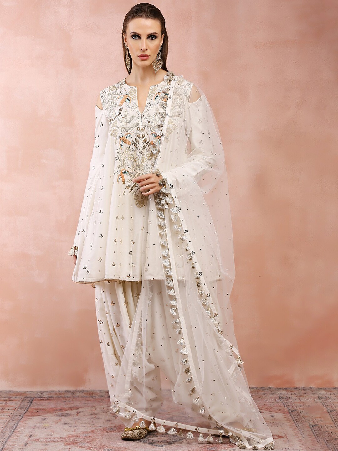 

Payal Singhal Ethnic Motifs Embroidered Gotta Patti Chanderi Silk Kurta Salwar & Dupatta, Off white