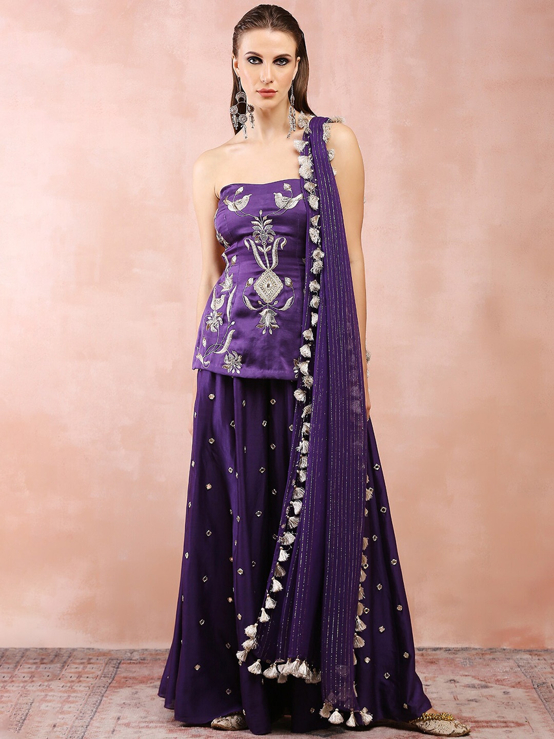

Payal Singhal Ethnic Motifs Embroidered Regular Gotta Patti Kurti With Palazzos & Dupatta, Purple