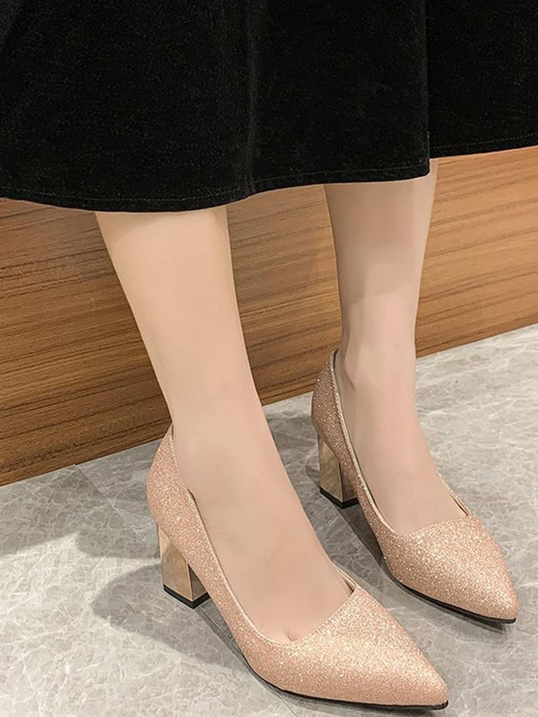 

LULU & SKY Pointed Toe Block Heeled Pumps, Gold
