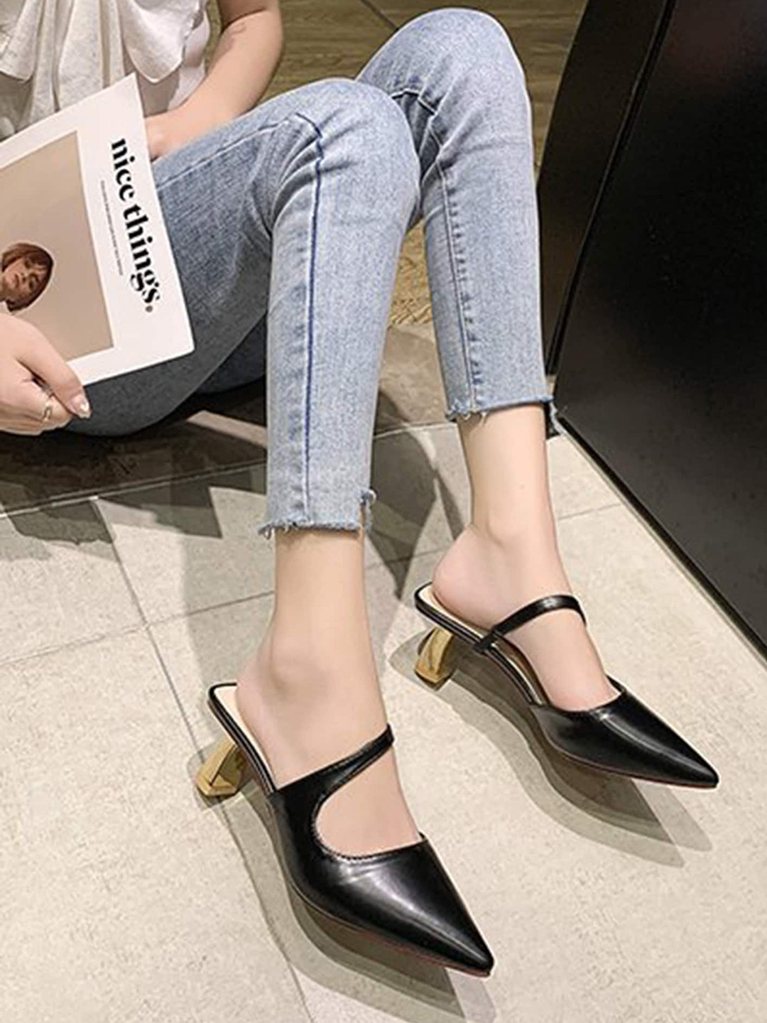 

LULU & SKY Pointed Toe Block Heeled Pumps, Black