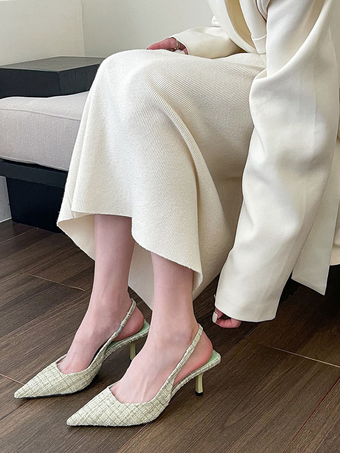 

LULU & SKY Textured Pointed Toe Kitten Heels, Green