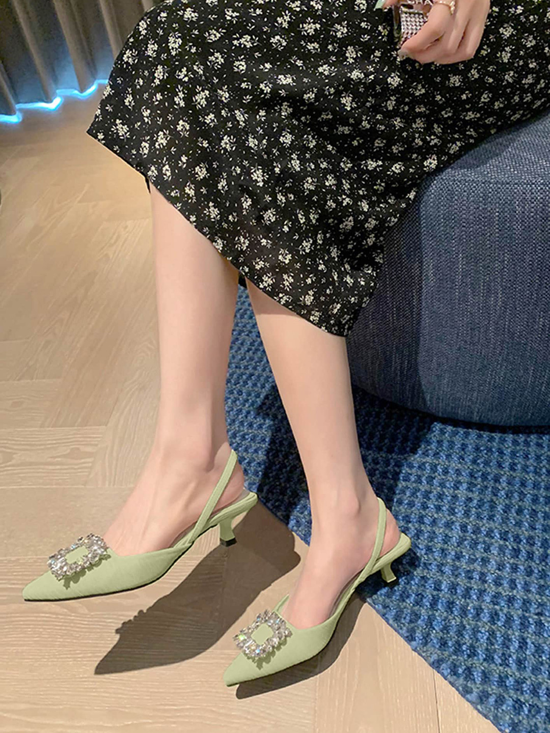 

LULU & SKY Embellished Pointed Toe Kitten Heels, Green