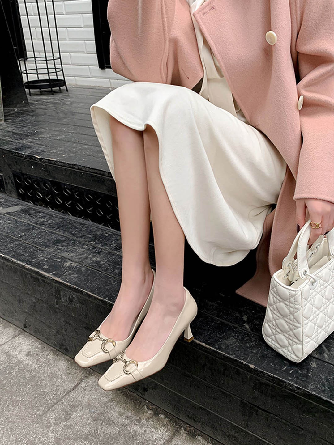 

LULU & SKY Embellished Round Toe Block Heeled Pumps, Beige