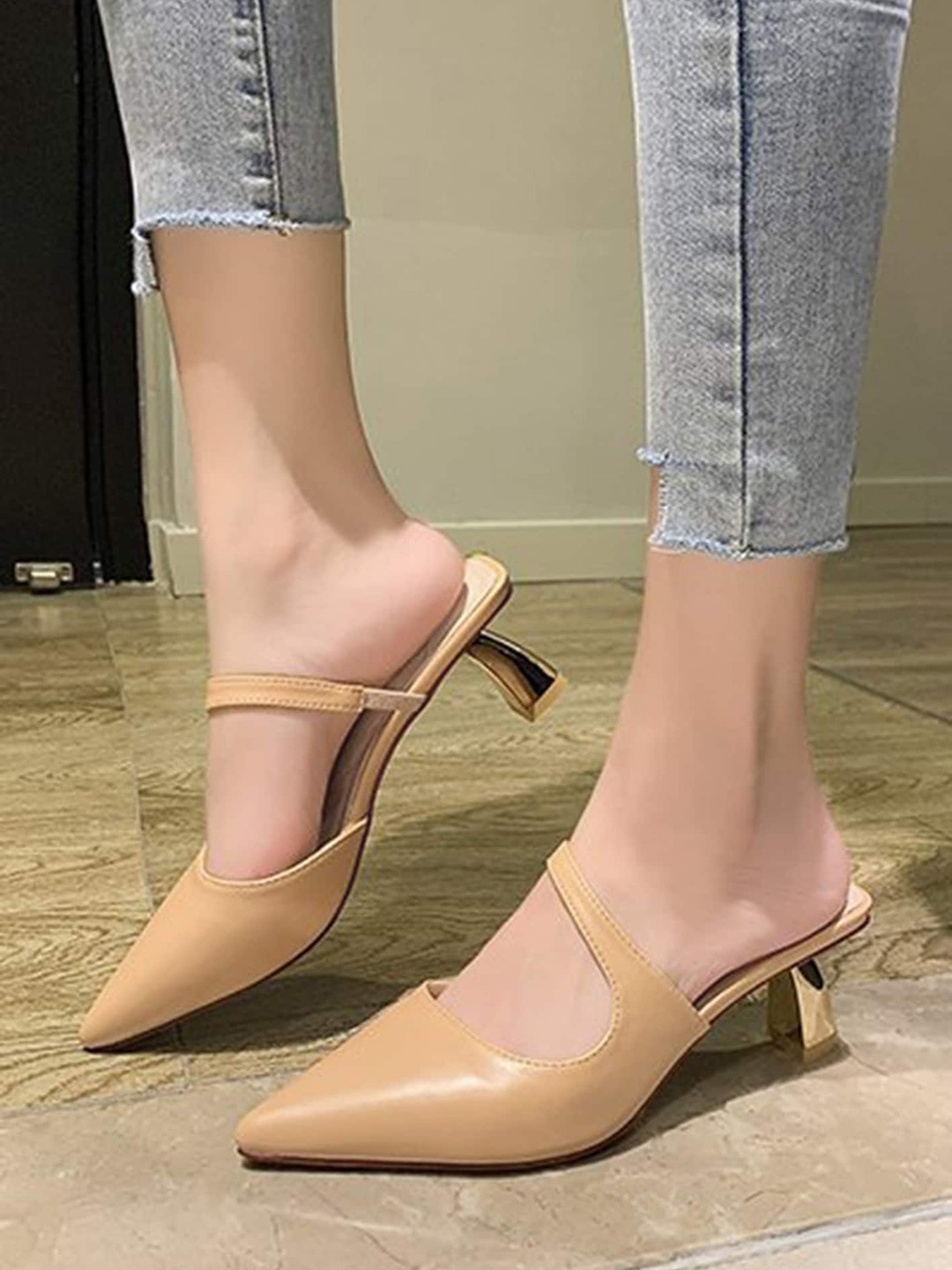 

LULU & SKY Pointed Toe Kitten Heeled Pumps, Beige