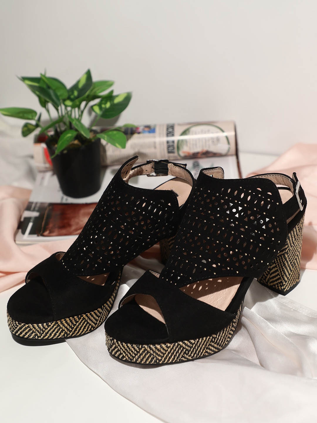 

LULU & SKY Textured Block Heels with Laser Cuts, Black