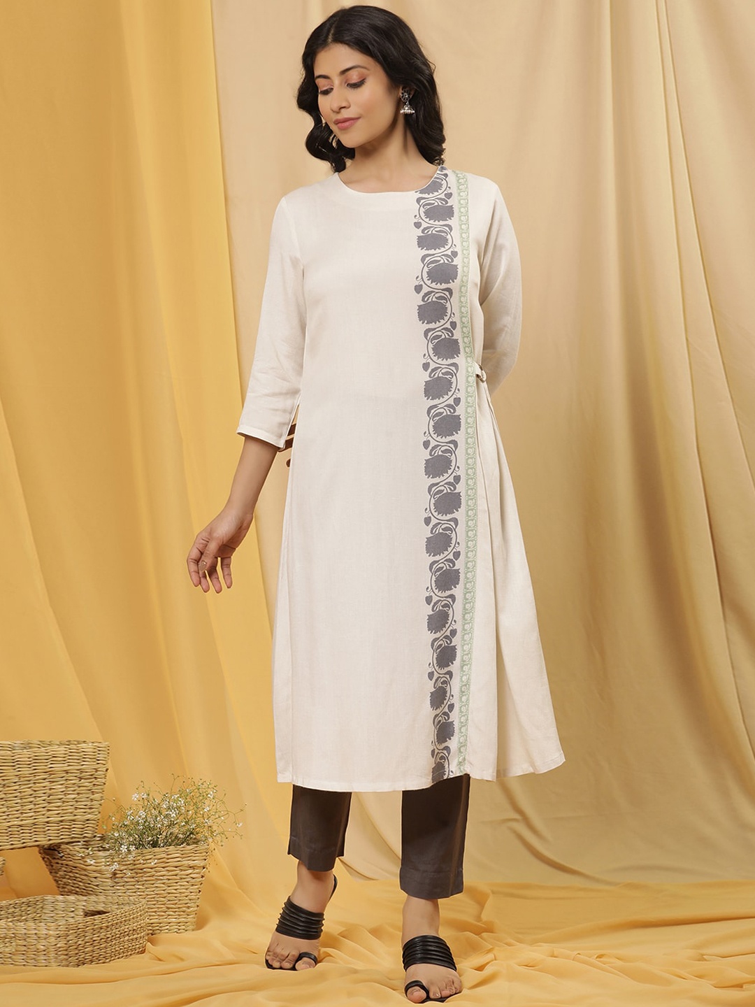 

W Woven Design Floral Printed Round Neck Calf Length A-Line Kurta with Trouser, White