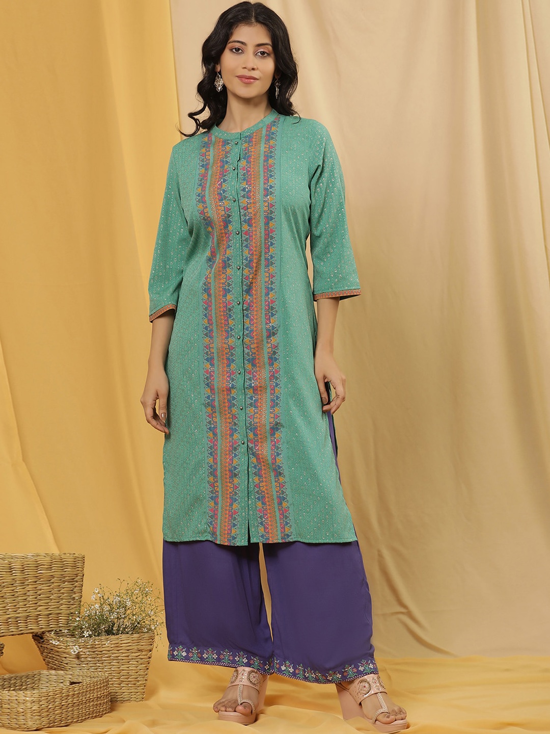 

W Ethnic Motifs Printed Regular Kurta with Palazzo, Green