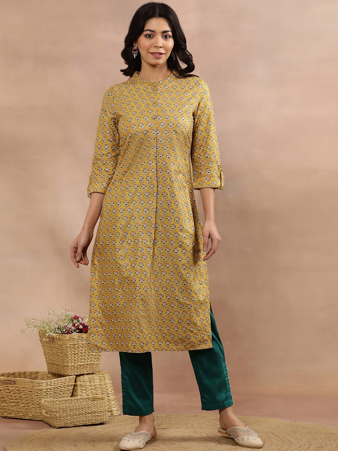 

W Ethnic Motifs Printed Regular Thread Work Kurta with Trousers, Yellow