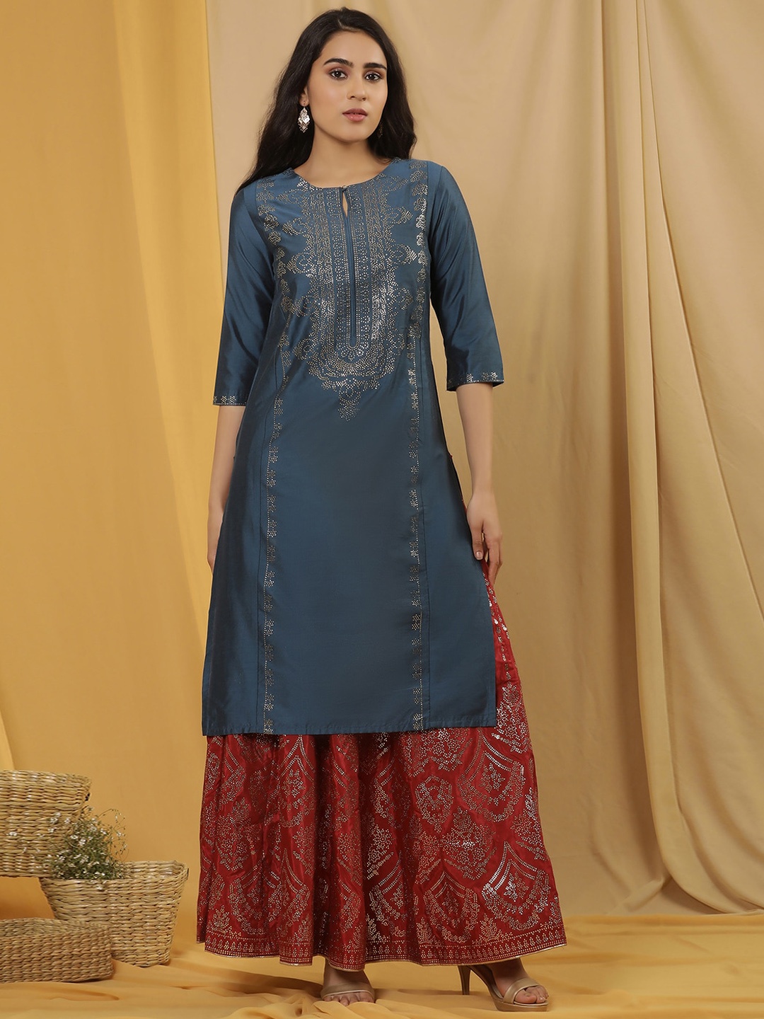 

W Ethnic Motifs Printed Regular Beads and Stones Kurta with Skirt, Blue