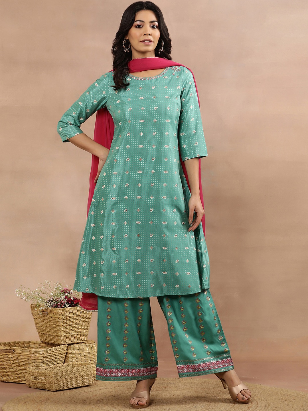 

W Women Ethnic Motifs Printed Thread Work A-Line Kurta & Palazzos With Dupatta, Green
