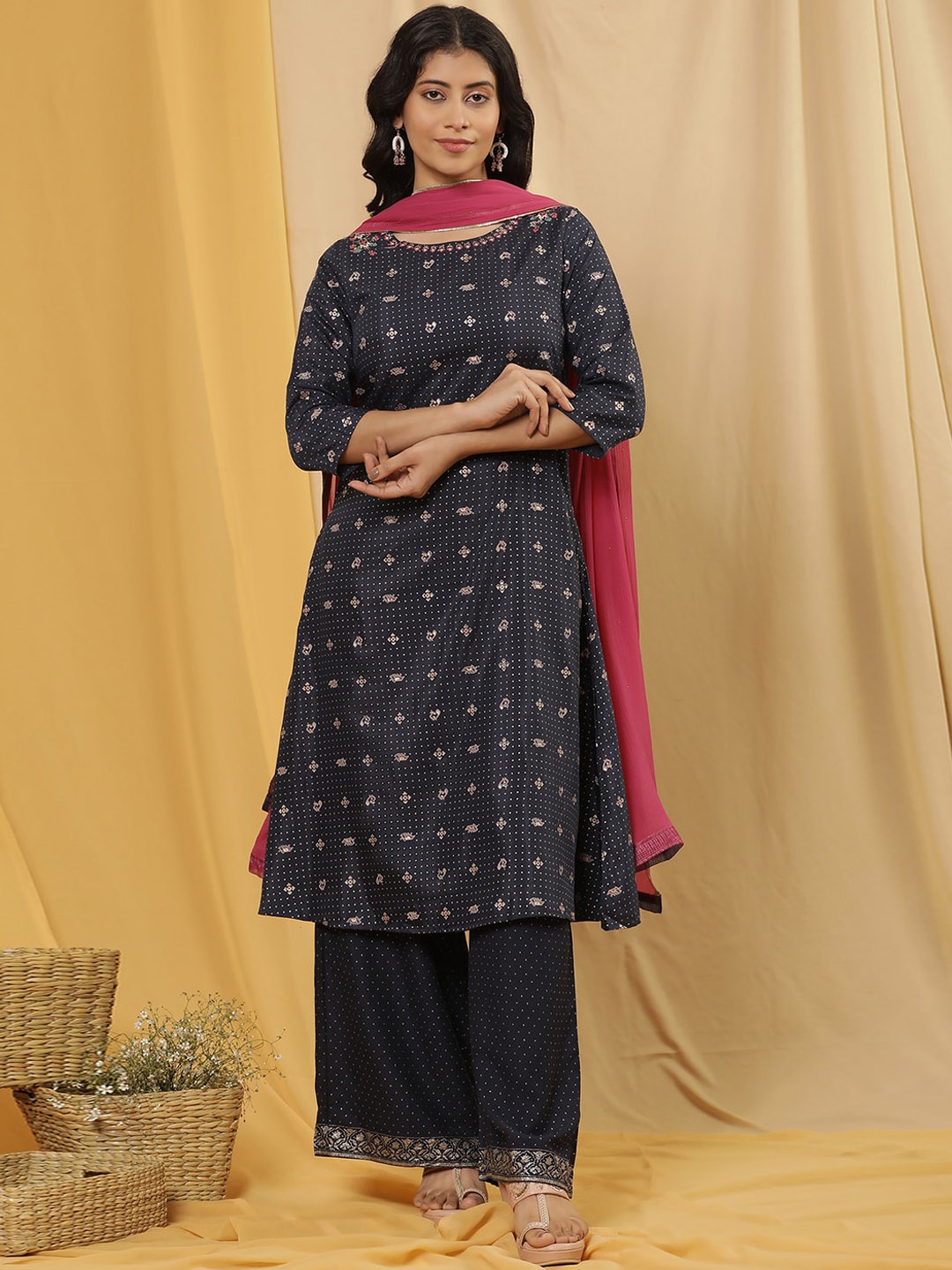 

W Ethnic Motifs Printed Regular Thread Work Kurta with Palazzos & With Dupatta, Blue