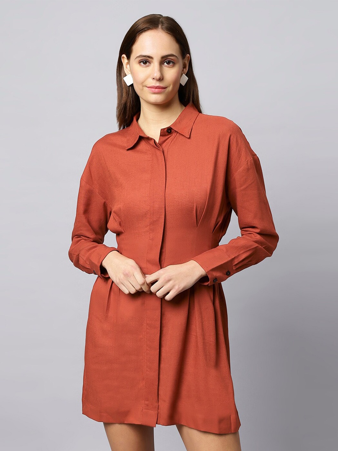 

DressBerry Rust Cuffed Sleeves Pure Cotton Shirt Style Mini Dress